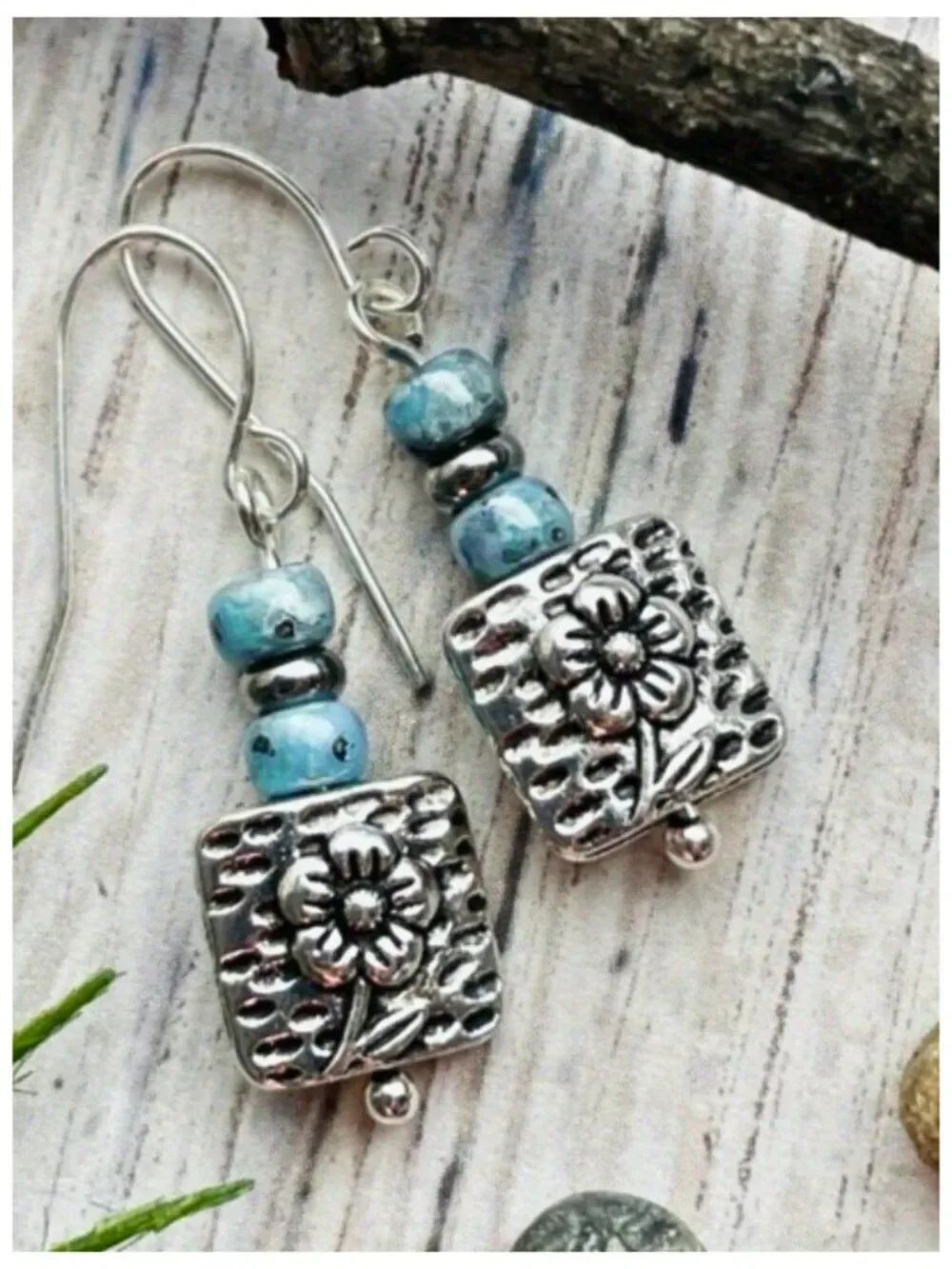 NWT Boho Chic Artisan Earrings Faux Turquoise Silver-Tone Beads Embossed